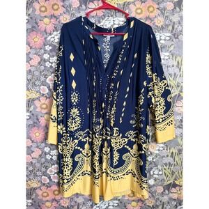 Serengettt Navy Yellow Medallion Print Pleated V-Neck Tunic‎ Top Women's 2X